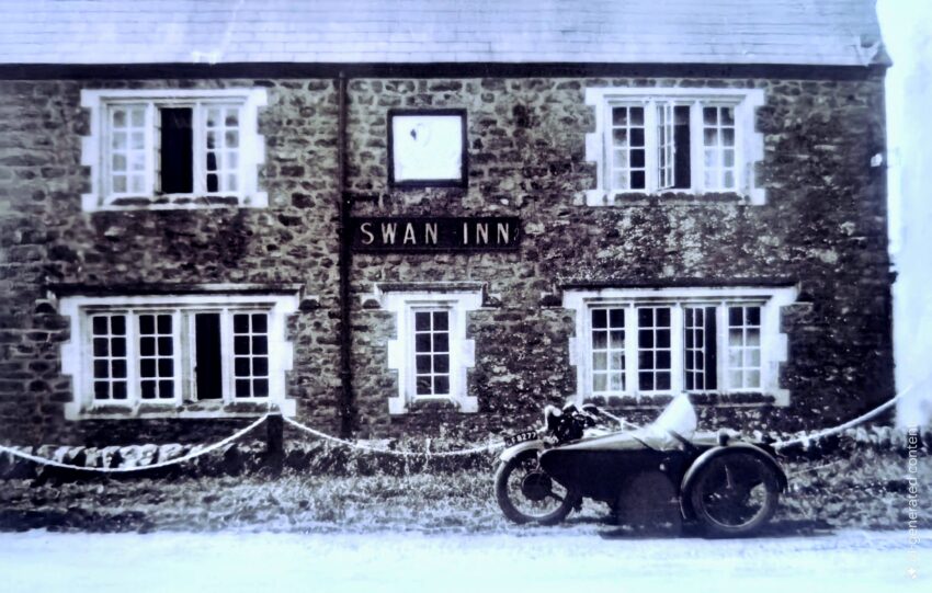 Vintage photograph of Swan Inn Abbotsbury from 1900s showing historic pub building with motorcycle and sidecar parked outside